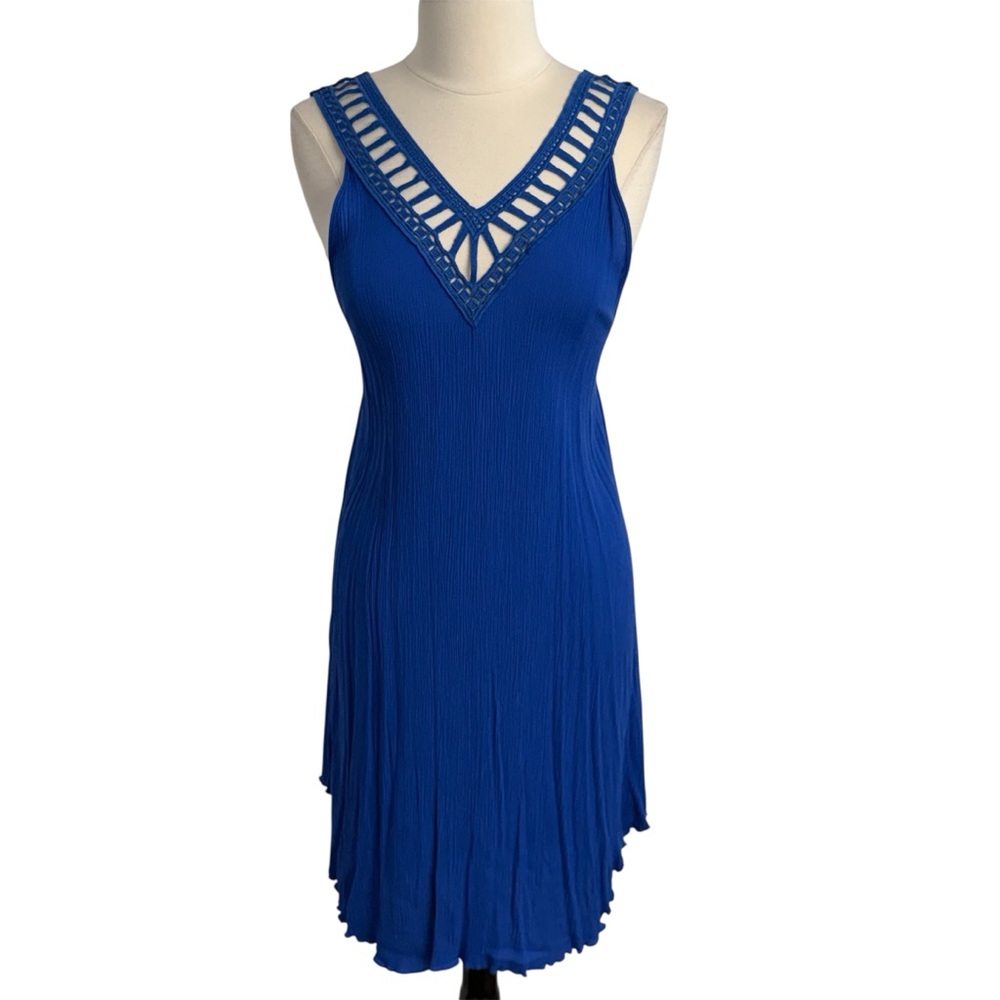 LM Beach Women's Sleeveless Plisse, Decorative V-Neckline Dress, Blue, Size XL